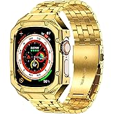MioHHR Stainless Steel Watch Case with Bands Compatible with Apple Watch Band 49mm(Ultra 3/2/1), Metal Cover Bumper with iWatch Bands for Apple Watch 49mm Ultra 3/2/1, Gold