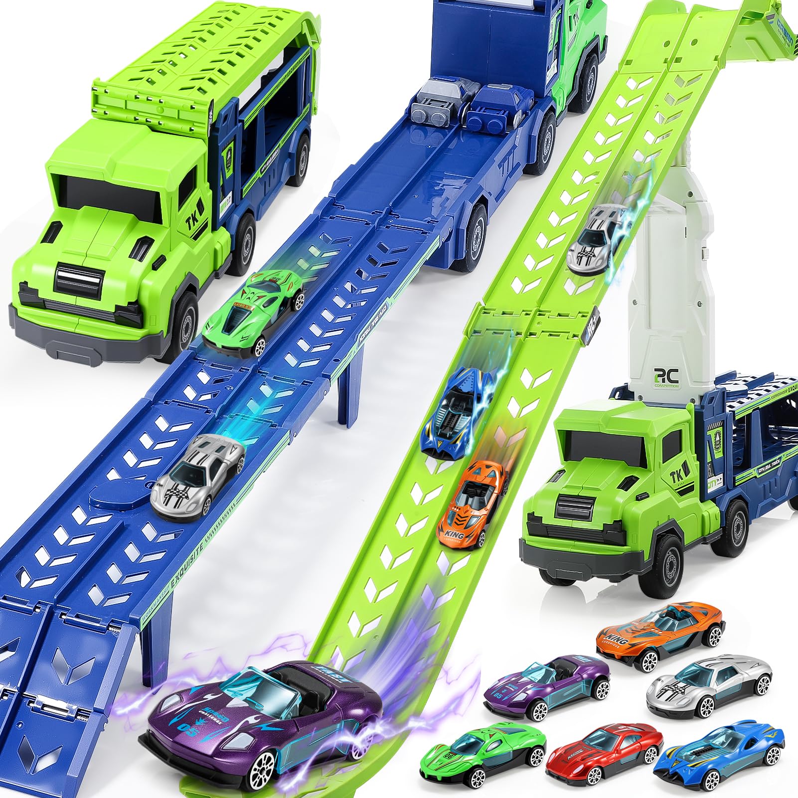 Kinderspielzeug ab 3 4 5 6 7 8 Jahre,LKW Transporter Truck Geschenk Junge 2-6 Jahre Faltbare Rennbahn Truck Spielzeug ab 6 7 8 Jahre Truck Spielzeugauto Kinder Geburtstagsgeschenk Junge 3-8 Jahre