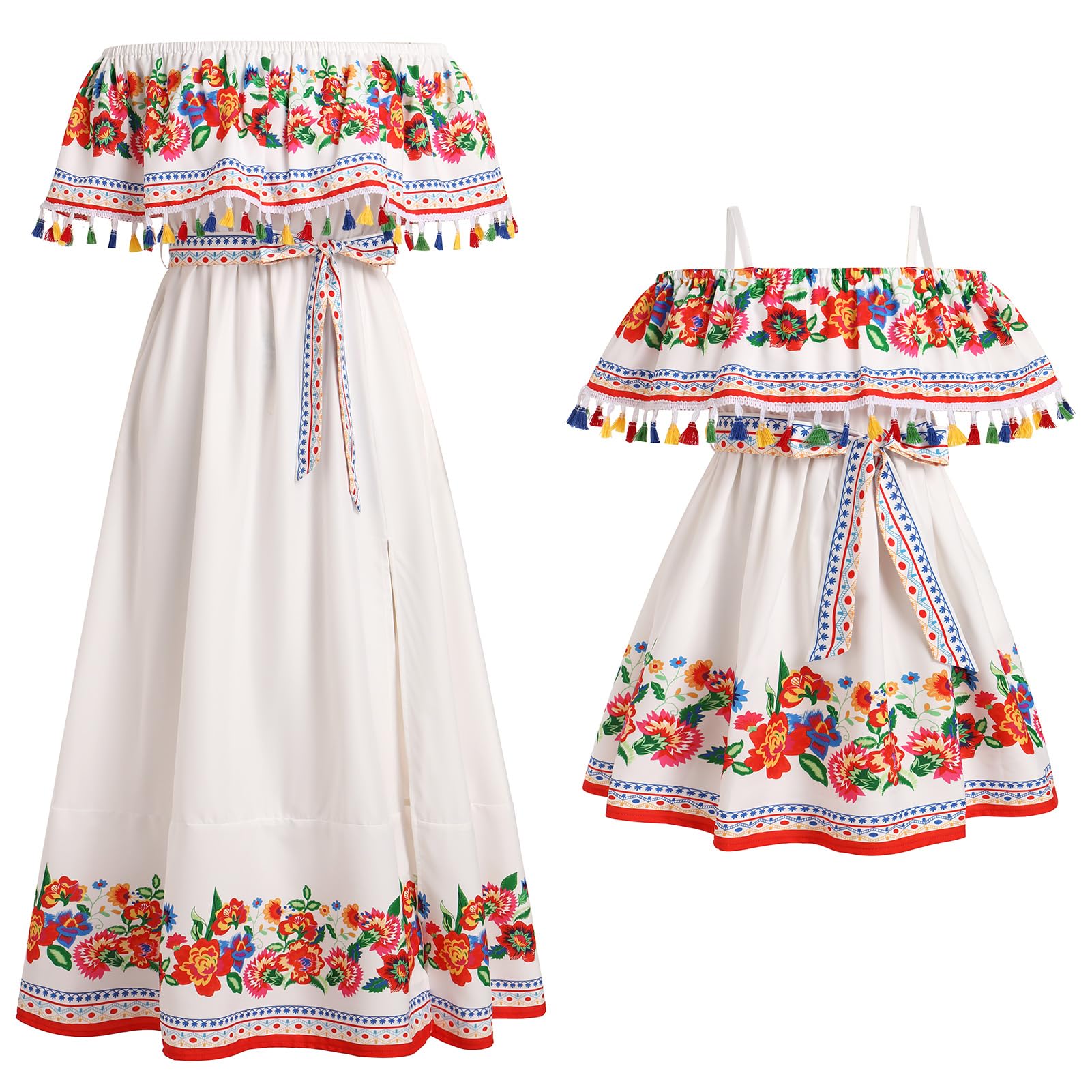 Photo 1 of Mommy and Me Matching Dresses Floral Print Ruffle Traditional Folk Ethnic Wear Mexican Dress Off-Shoulder Belted Mexico Themed Cinco De Mayo Fiesta Mom Daughter Outfits White Red Floral 2-3 Years