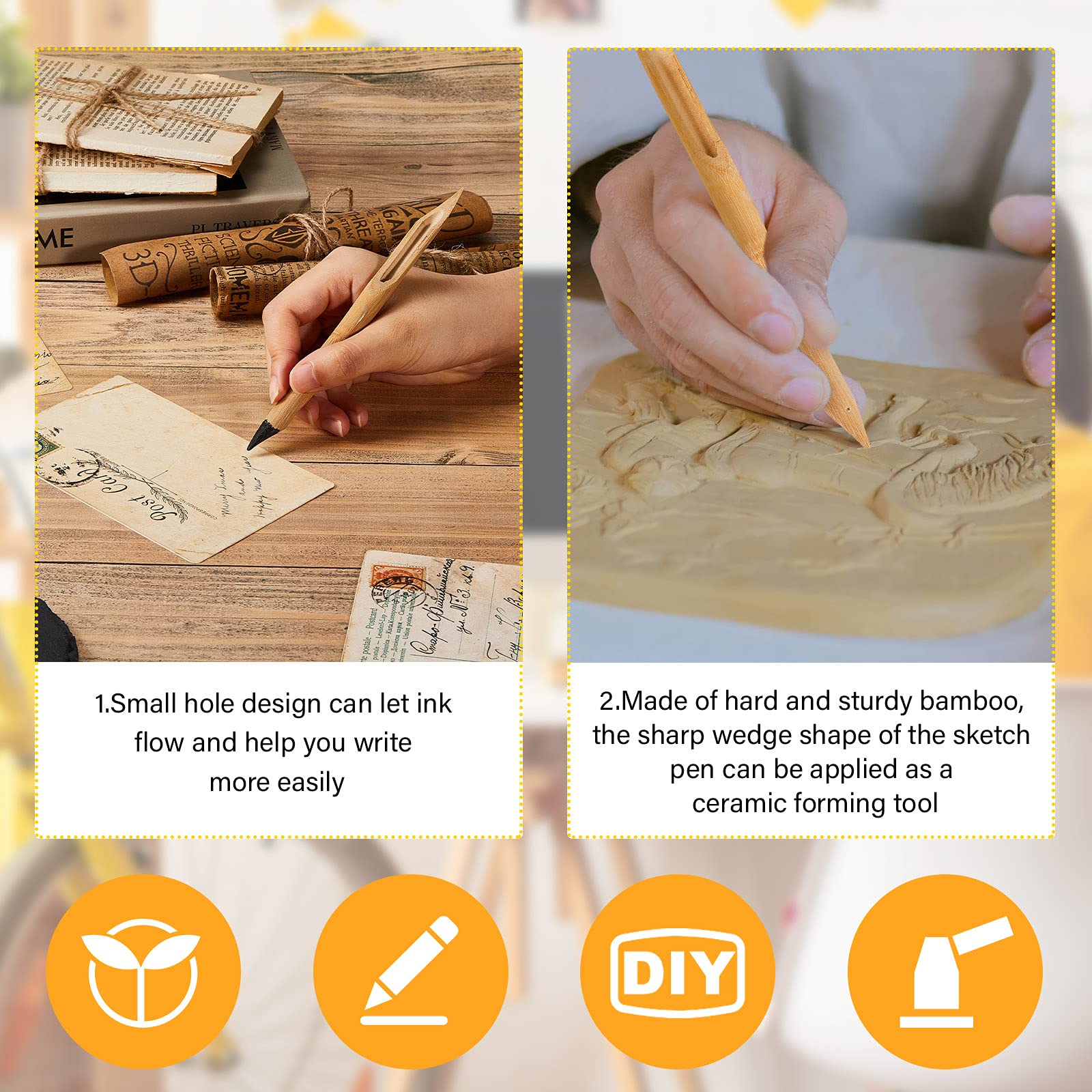 Tenare 6 Pcs Bamboo Reed Pens Double Head Pottery Supplies Wooden Pens Polymer Clay Tools Pottery Ceramic Shaping Tools for DIY Ceramics Clay Sculpture, Small, Medium, Large