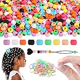 Easvorix 300 Small Silicone Hair Beads for Girls Kids Women, 7*5mm Colorful Soft Mini Silicone Beads for Bracelet, Hair Braids, DIY Crafts, Plastic Quick Beader for Hair Braid, 50 Elastic Rubber Bands