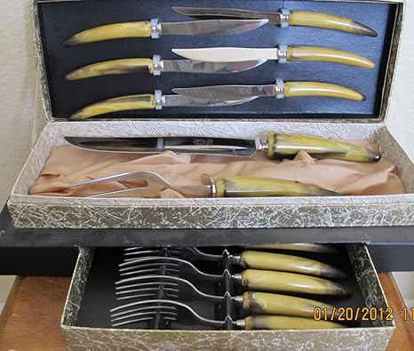 Vintage Sheffield Carving Knife Fork Steak Knives Forks 14