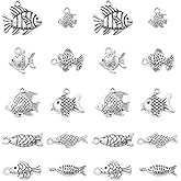KitBeads 100pcs 10 Styles Tibetan Fish Charms - Antique Silver & Goldfish Ocean Animal Sea Life Vintage Marine Charms for Jewelry Making Bulk