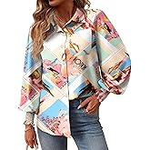 Rapbin Womens Oversized Print Button Down Shirts Dressy Casual Smocked Cuffed Long Sleeve Collared Blouses with Pocket