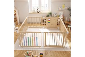 IKALIFE Large Wooden Baby Playpen (8/10 Panel) Shape & Size Adjustable Playpen for Babies and Toddlers, Baby Fence Baby Play Yard with Door, Baby Gate Play Pen for Kids Activity Center 63.5”×63.5”