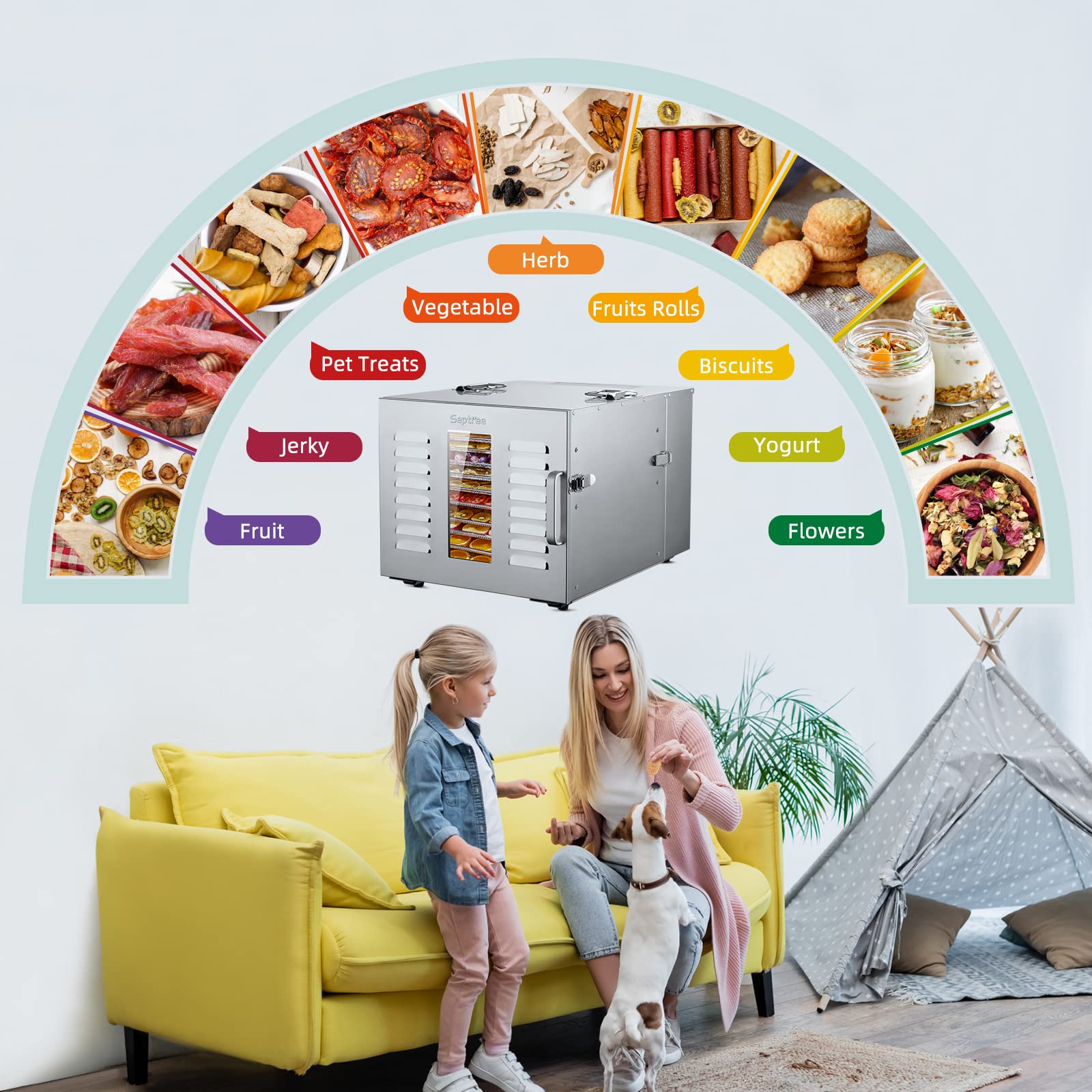 Septree Commercial 10 Trays food dehydrator machine for jerky and herbs, Usable Area up to 17ft² and 195℉ Temperature, 1000W Detachable Stainless Steel Dryer,for Meat, Fruit, mushrooms,beef,Pet Food