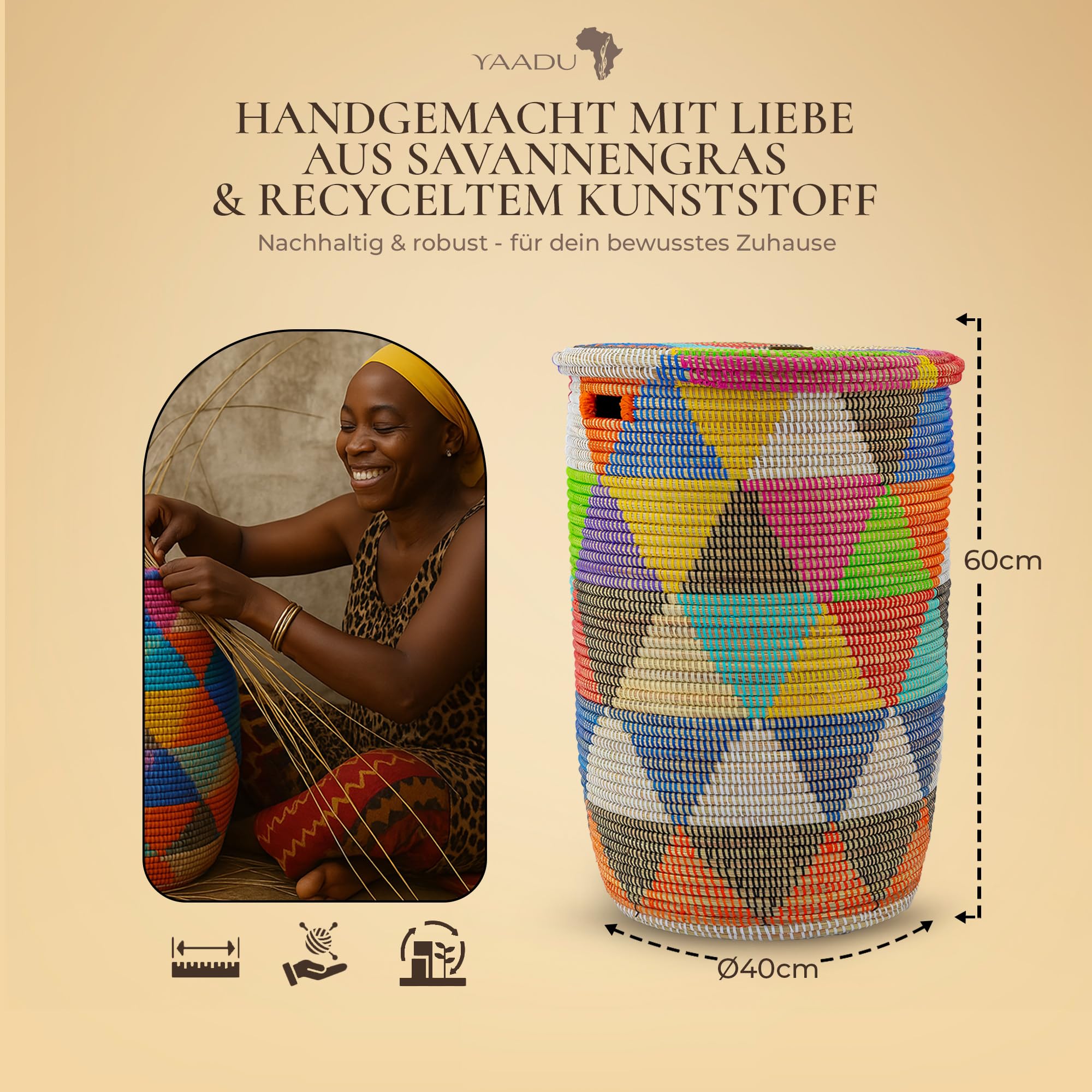 YAADU Wäschekorb mit Deckel 80L – Großer Wäschesammler mit Deckel, Geflochtene Wäschetonne, Boho Wäschekorb mit Henkeln, Wäschebehälter für Schmutzwäsche, Modell Khaliss (Bunte-Dreiecke-Flach) 6