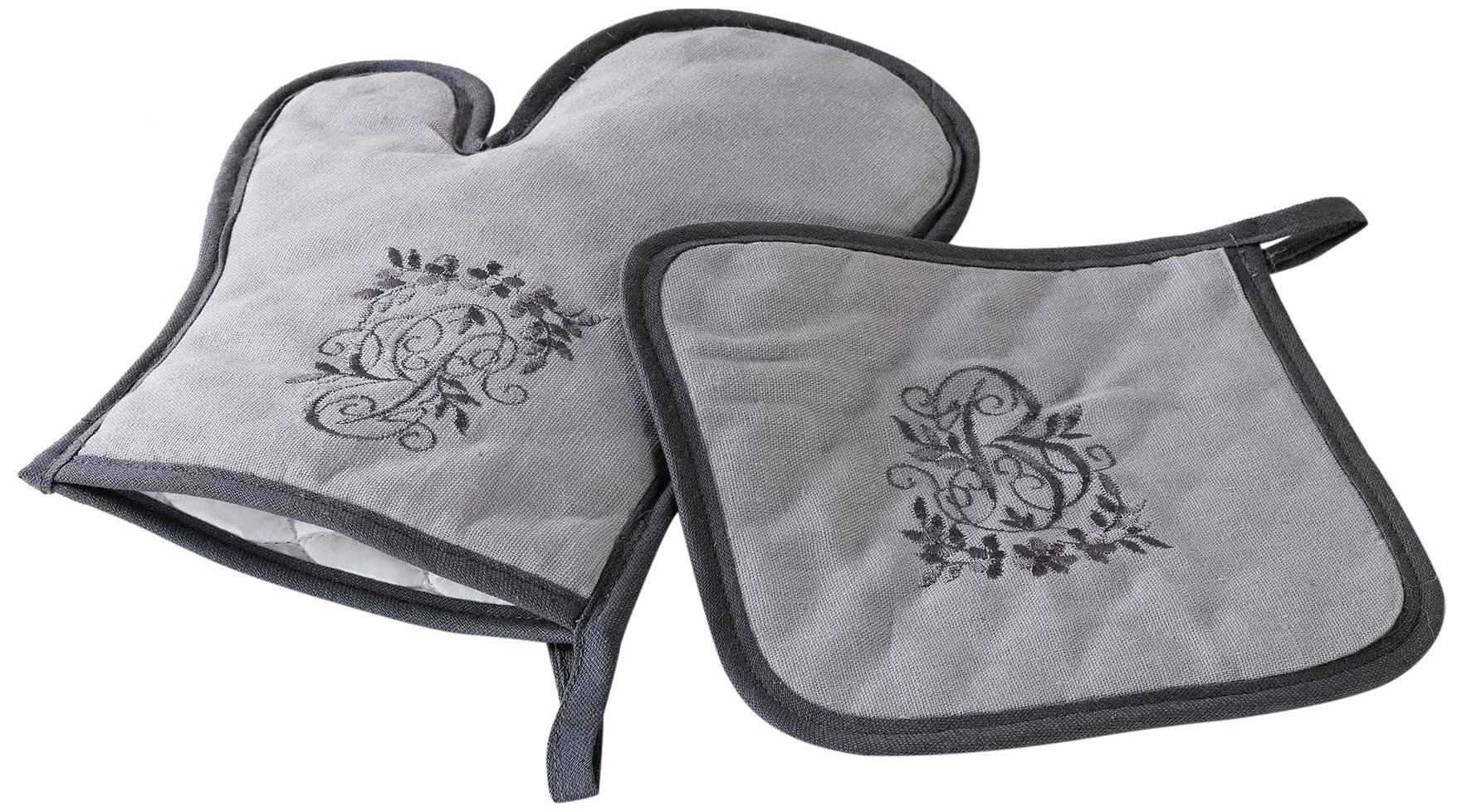 Charme et Douceur Happiness Embroidered Polyester Glove and Handle, Taupe/Anthracite, 28 x 20 cm