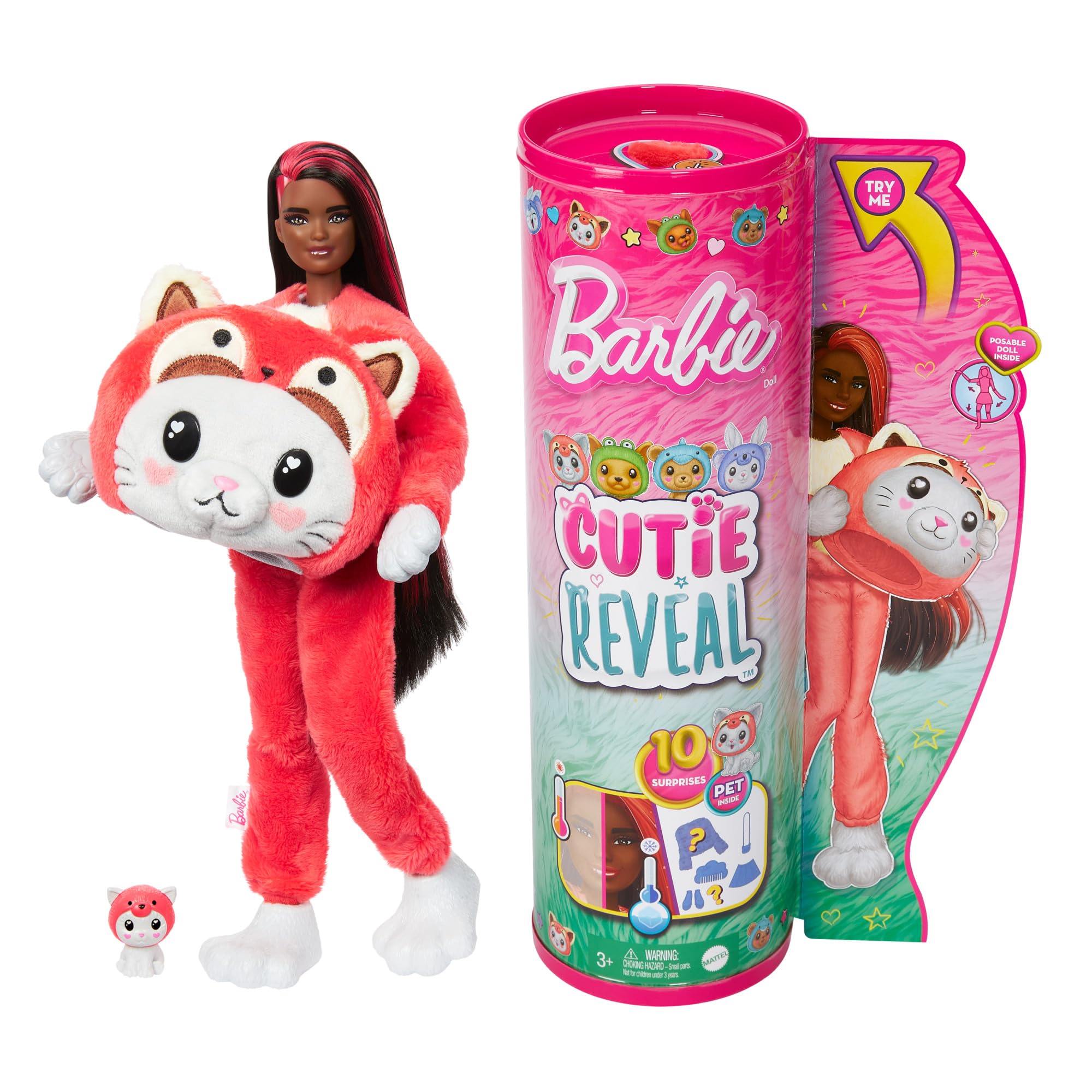 Barbie Cutie Reveal Doll & Accessories with Animal Plush Costume & 10 Surprises Including Color Change, Kitten as Red Panda in Costume- Themed Series, HRK23