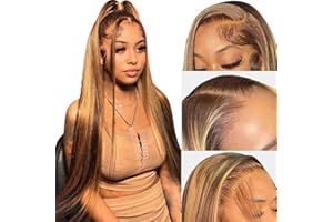 FOTTENG Ombre Lace Front Wig Human Hair 28inch Highlight 13x4 HD Straight Lace Front Wigs 180% Density 4/27 Colored Honey Blonde HD Lace Frontal Wigs For Women Glueless Pre Plucked with Baby Hair