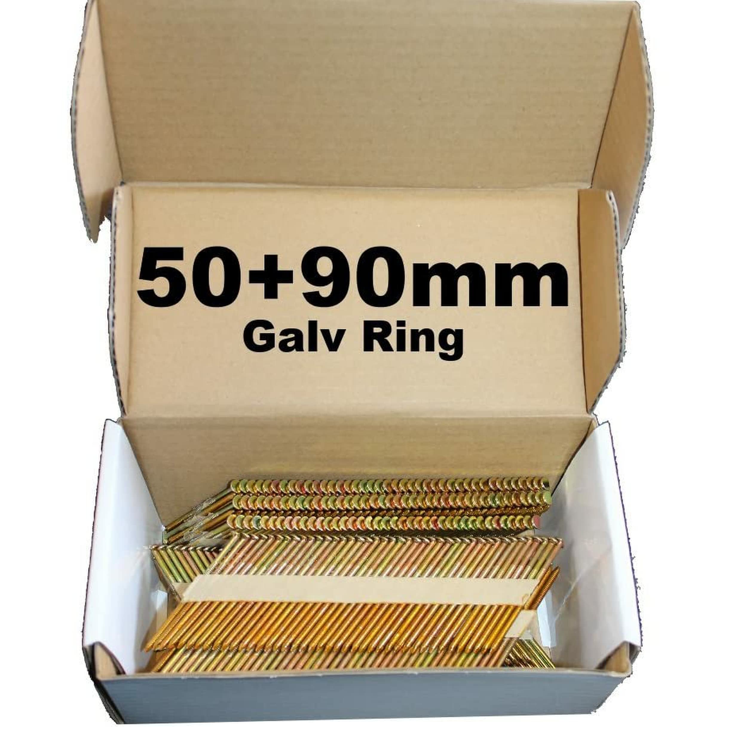 Mixed Pack 500 x 50mm Galv Ring + 500 x 90mm Galv Ring Framing Nails,Clipped D-Head, for DEWALT 18v Cordless DCN692