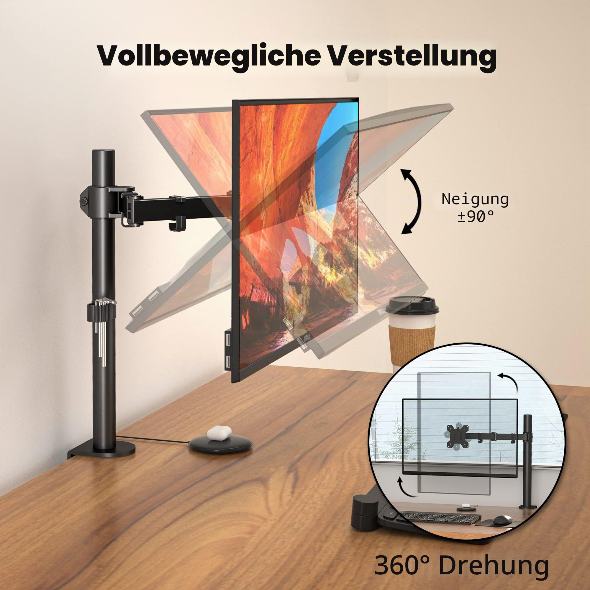 BONTEC 13-32 Zoll Monitor Halterung für LED LCD Bildschirme bis 10 kg, Monitor Tischalterung 1 Monitor Höhenverstellbar Neigbar Schwenkbar, 2 Montageoptionen, VESA 75x75/100x100, Schwarz 4