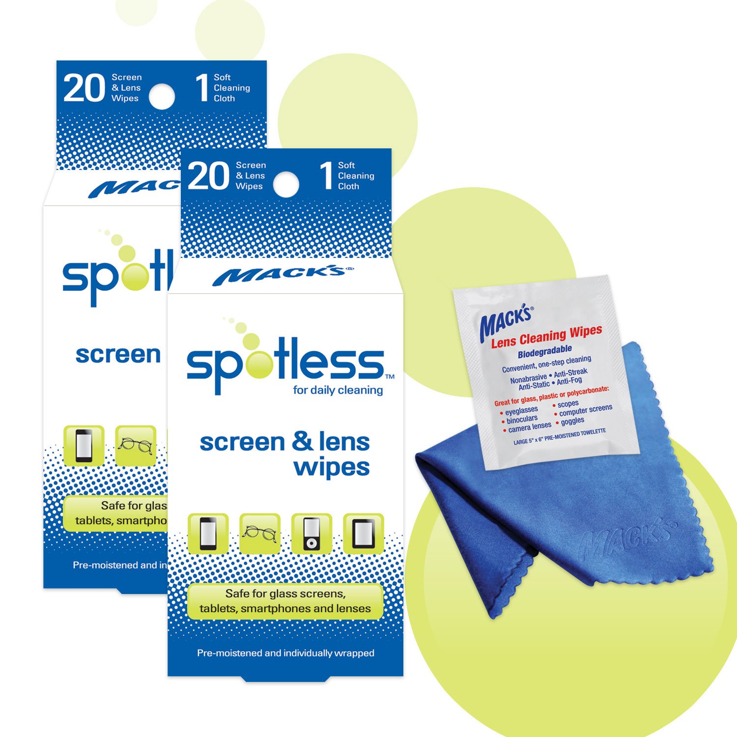 Mack's Spotless Screen and Lens Wipes (Pack of 20) - White/Blue