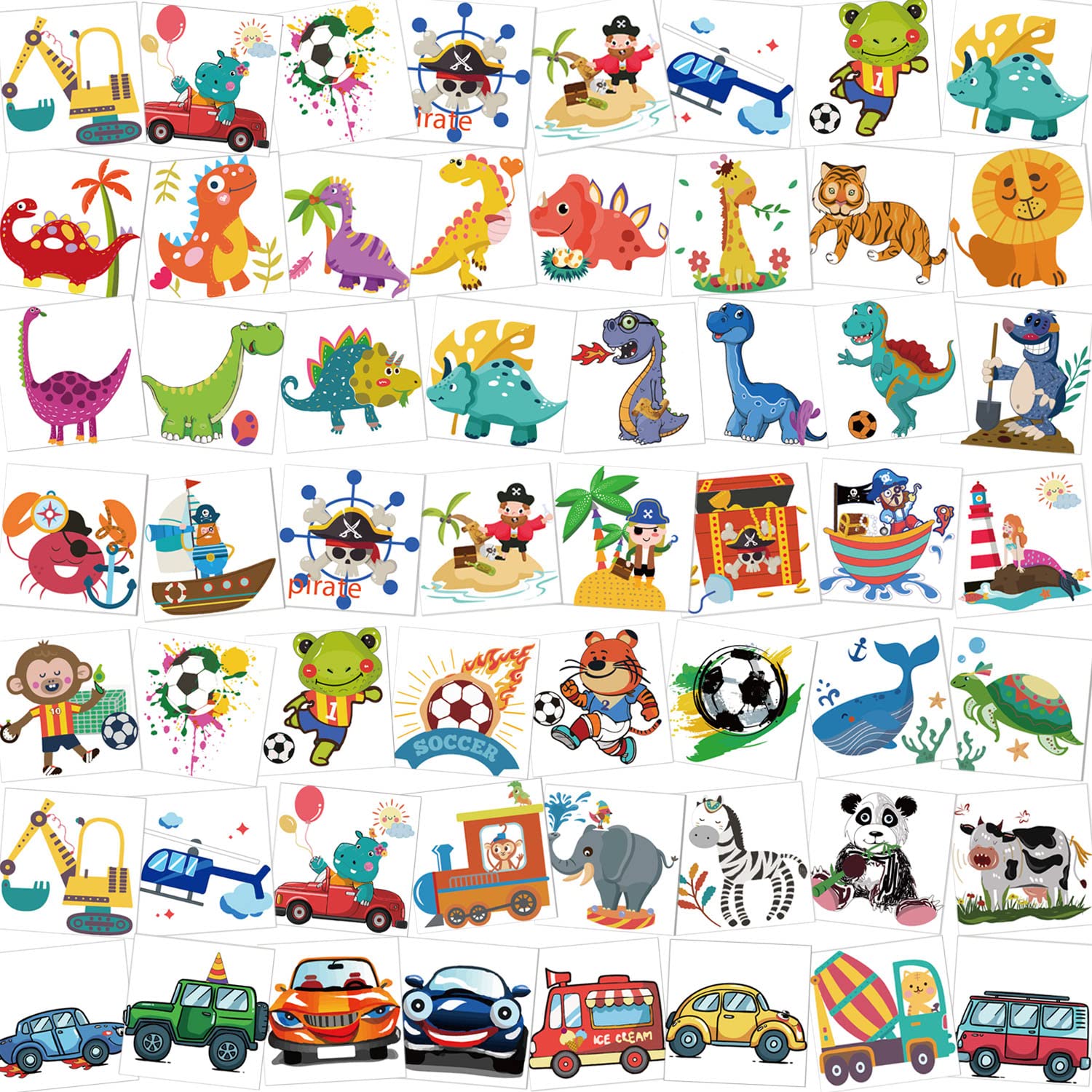HOWAF 96pcs Temporary Tattoos for Kids, Dinosaur Pirate Footbal Car Animal Assorted Kids Tattoo Sticker for Boy Girl Party Bags Fillers Birthday Party Decoration Favors Supplies Gifts
