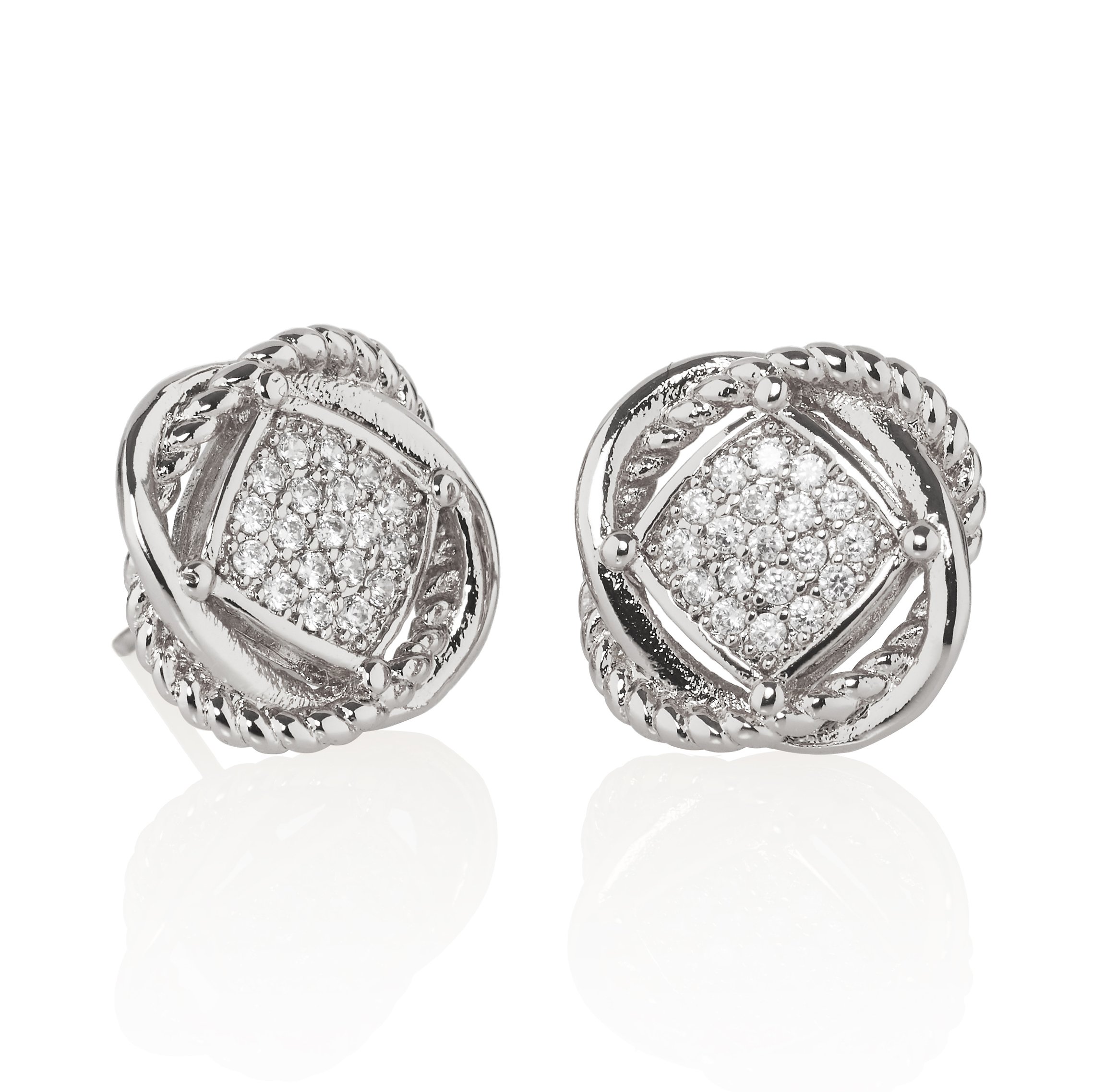 Namana Knot Stud Earrings Set with Cubic Zirconia. 18 Carat Rose Gold Plated or Fine Silver Colour Love Knot Earrings with Gift Box (Silver, Rhodium Plated Base Metal)