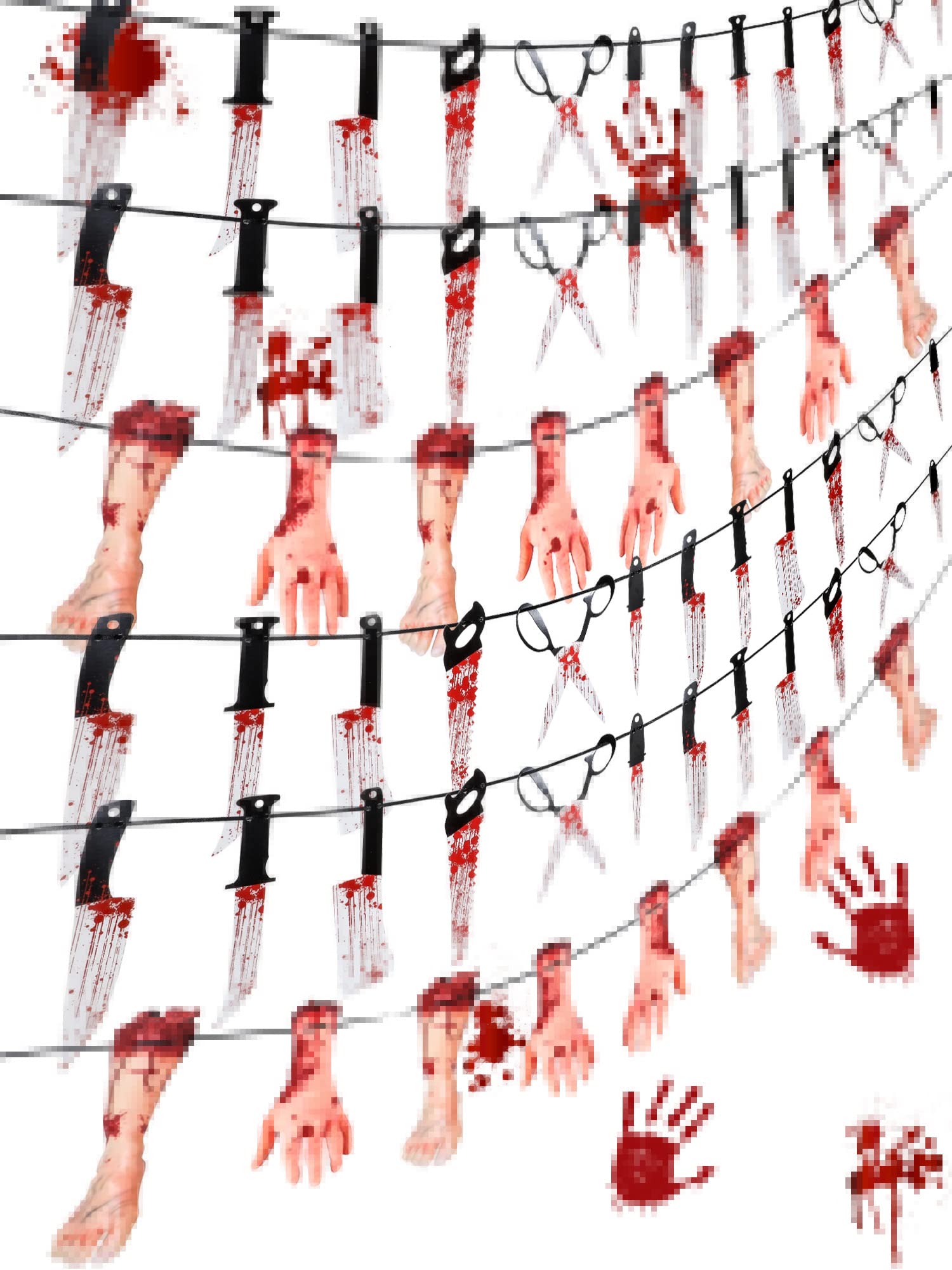 6 Sets Halloween Bloody Garland Banner, Include 48 Bloody Weapon Garland and 16 Fake Scary Broken Hands and Feet Hanging Decor, Halloween Party Decoration Halloween Zombie Vampire Party Supplies