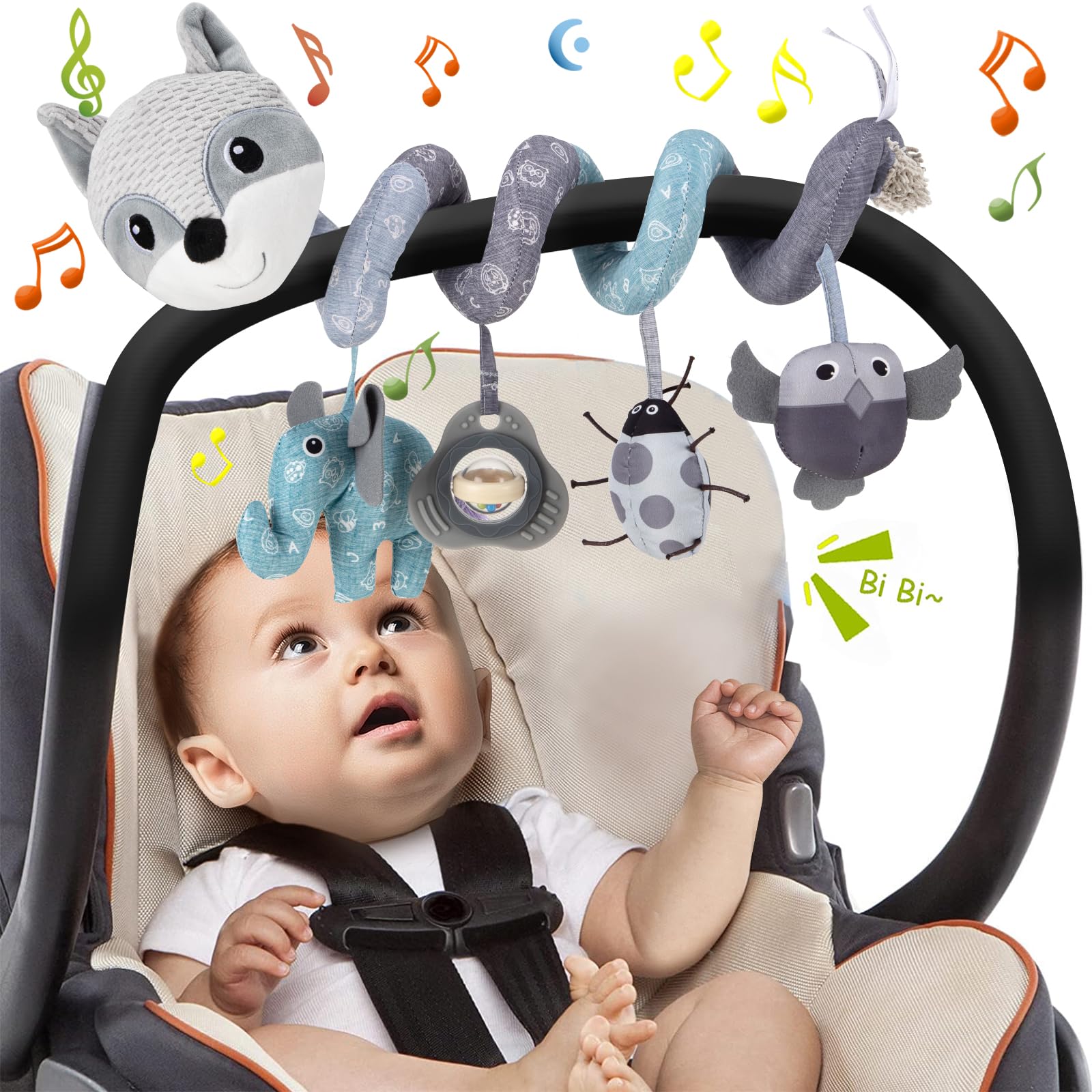 Funsland Spiral Pram Toys for Babies, Musical Infant Car Seat Toys Stroller Spiral Hanging Toy for Baby Girl 3-12 Months, Sensory Early Education Fox Crib Spiral Pushchair Toys Toy for Baby, Grey