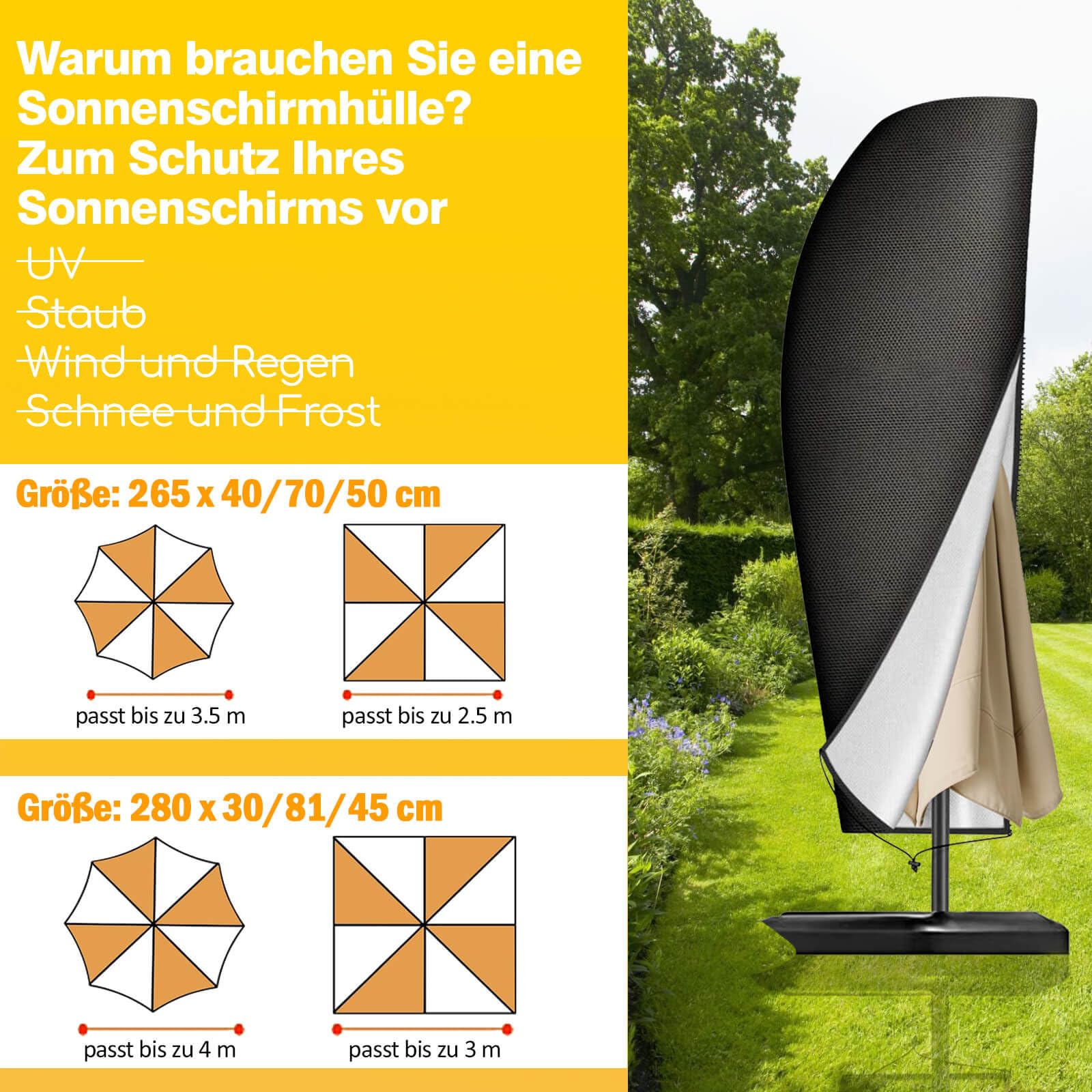 Reinalin Sonnenschirm Schutzhülle mit Stab, Abdeckhauben für Sonnenschirm Garten, Wasserdichter, UV-Beständig, Winddicht und Schneesicher (Schwarz, 265 x 40/70/50cm) 3