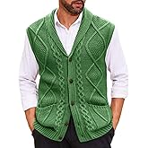 Runcati Mens Cable Knit Sweater Vest Shawl Collar Casual Slim Fit Sleeveless Button Down Cardigan Vest with Pockets