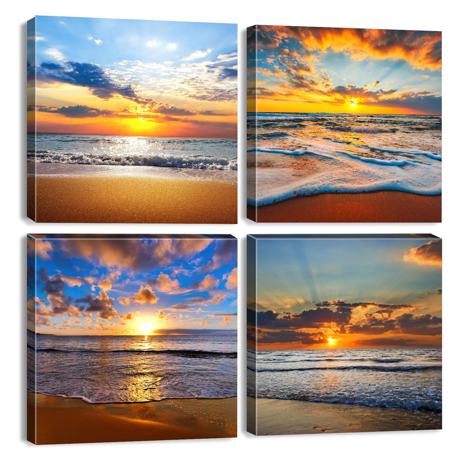 Beach Wall Art Prints for Bathroom Decor Sunset Ocean Landscape Wall Art Nautical Decor Nature Coastal Canvas Pictures Beach Seascape Paintings Artwork for Living Room Home Decorations 30x30cm 4Pcs