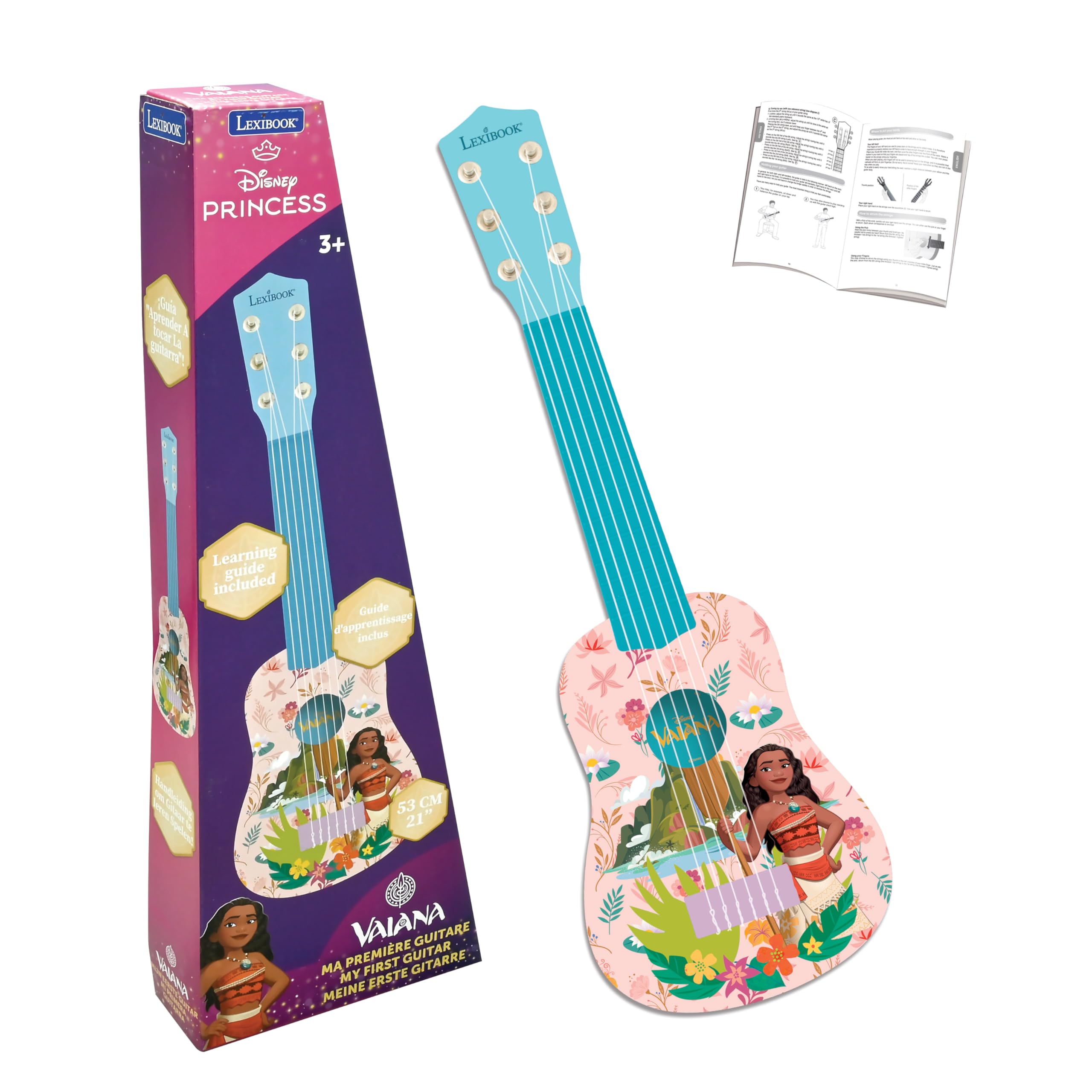 Lexibook, Disney Moana, My First Guitar for Children, 6 Nylon Strings, 53 cm / 21'', Guide Included, Pink/blue, K200VN