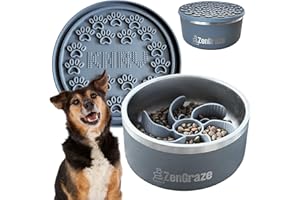 KNRV COMMERCE Heavy Duty Stainless Steel Dog Bowl with Premium Accessories – Slow Feeder Insert & Multi-Use Lick Mat Lid | Non-Slip, Durable | Reduce Gulping & Add Enrichment | 64 oz | Medium to XL Dog (Steel Gray)