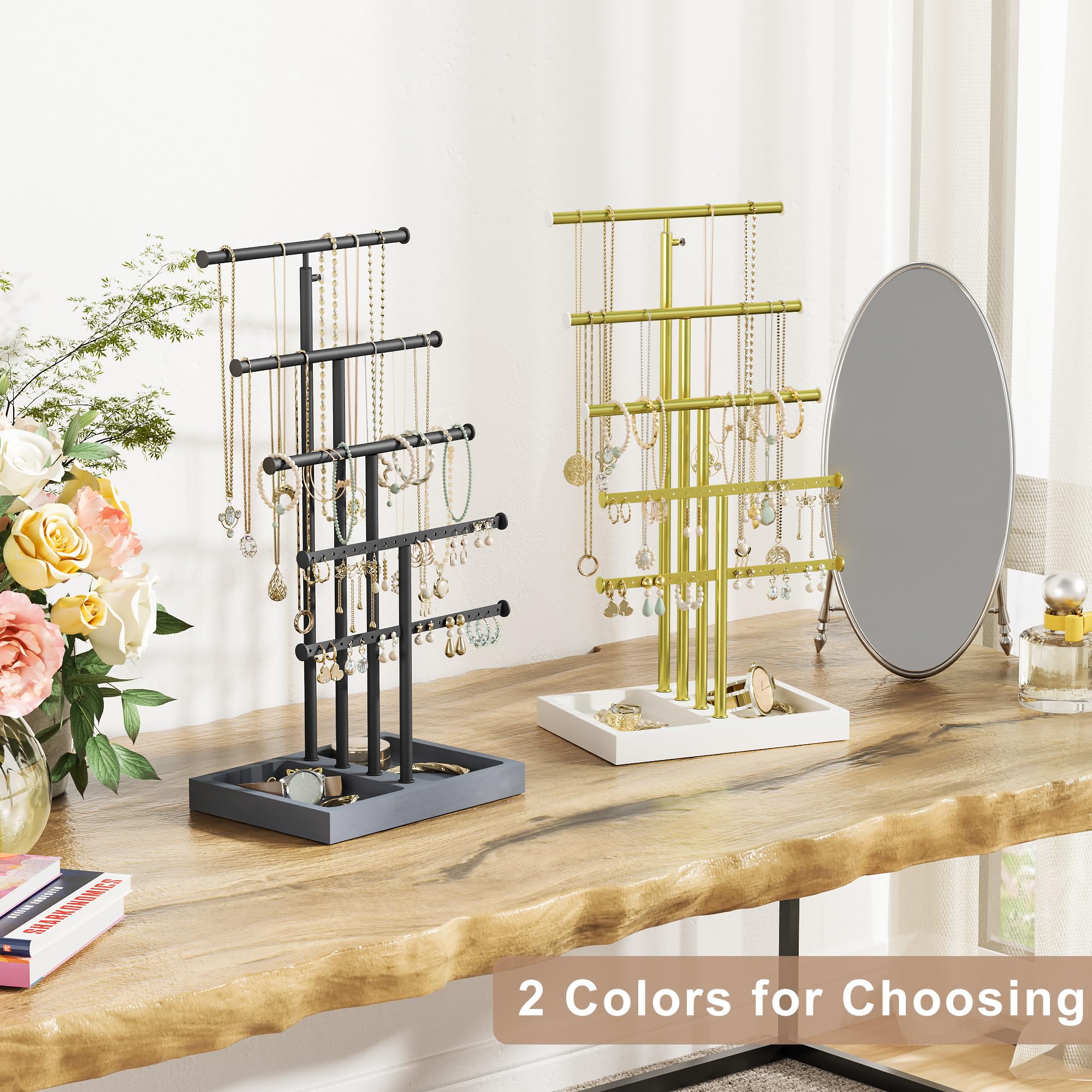 Love-KANKEI Love-KANKEI Jewelry Organizer Stand,5 Tier Large Necklace Holder with Wood Base,Jewelry holder stand Tree for Display,Bracelets Earrings Rings,Height Adjustable Gift Weathered Grey