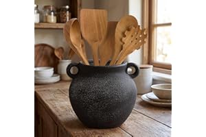 Qinyoung Rustic Kitchen Utensil Holder Ceramic Utensil Holder with Handle 6 Inch Vintage Crock Decoration Spatula Organizer f