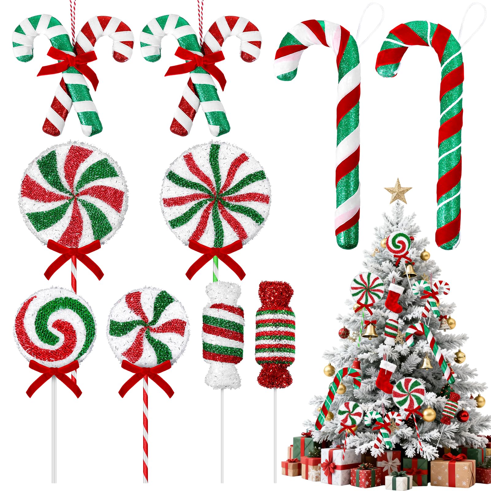 Photo 1 of 10 Pcs 15" Giant Candy Cane Christmas Decorations Christmas Lollipop Candy Cane Ornament 5 Mixed Size Xmas Large Candy Lollipop Tree Picks Red and Green Peppermint Decor for Christmas Tree Home Party