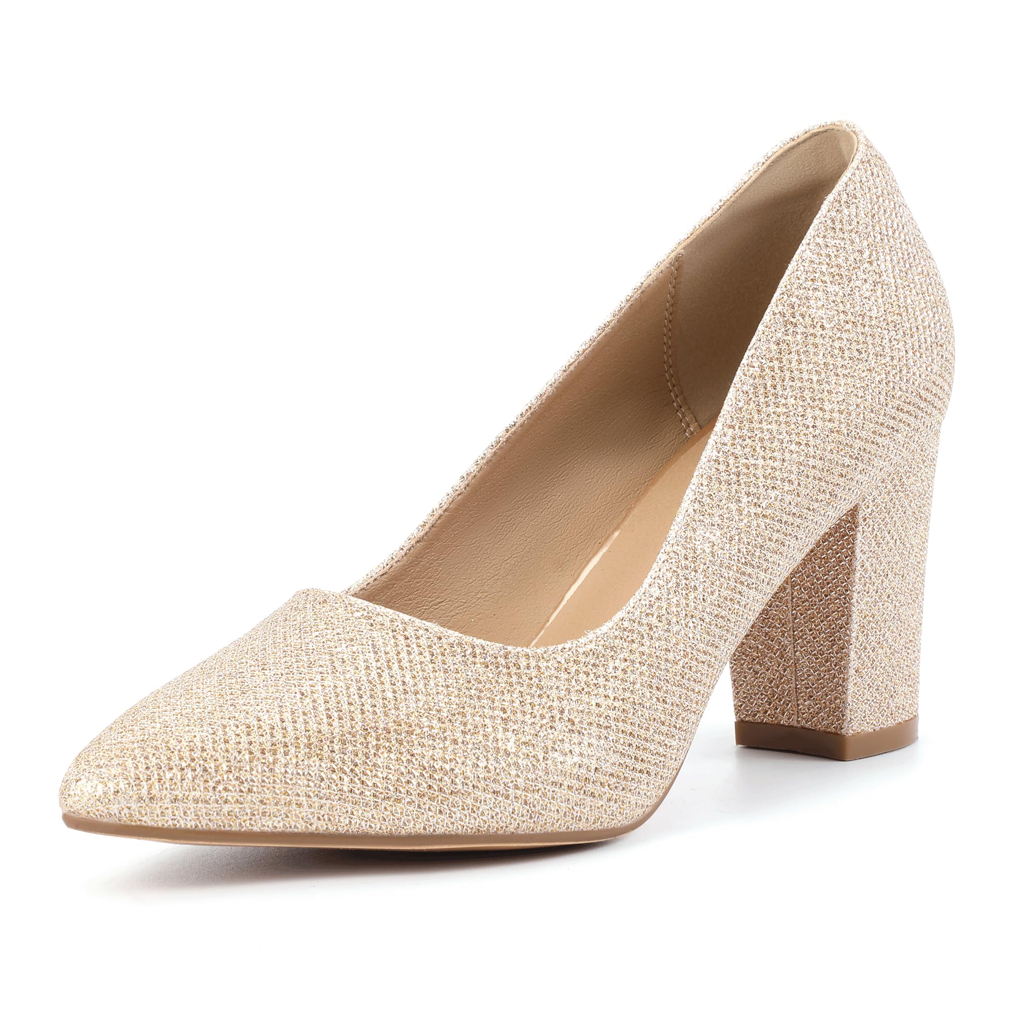 Photo 1 of IDIFU Gold Glitter 8.5 Women's Pumps High Chunky Block Heels Closed Toe Dress Shoes for Bridal Wedding Party Office Work