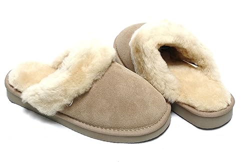 Lammfell Hausschuhe Slipper Damen Lammfell Pantoffeln Hüttenschuhe Sand beige mit beigen Australischen Lammfell, mit Fester S