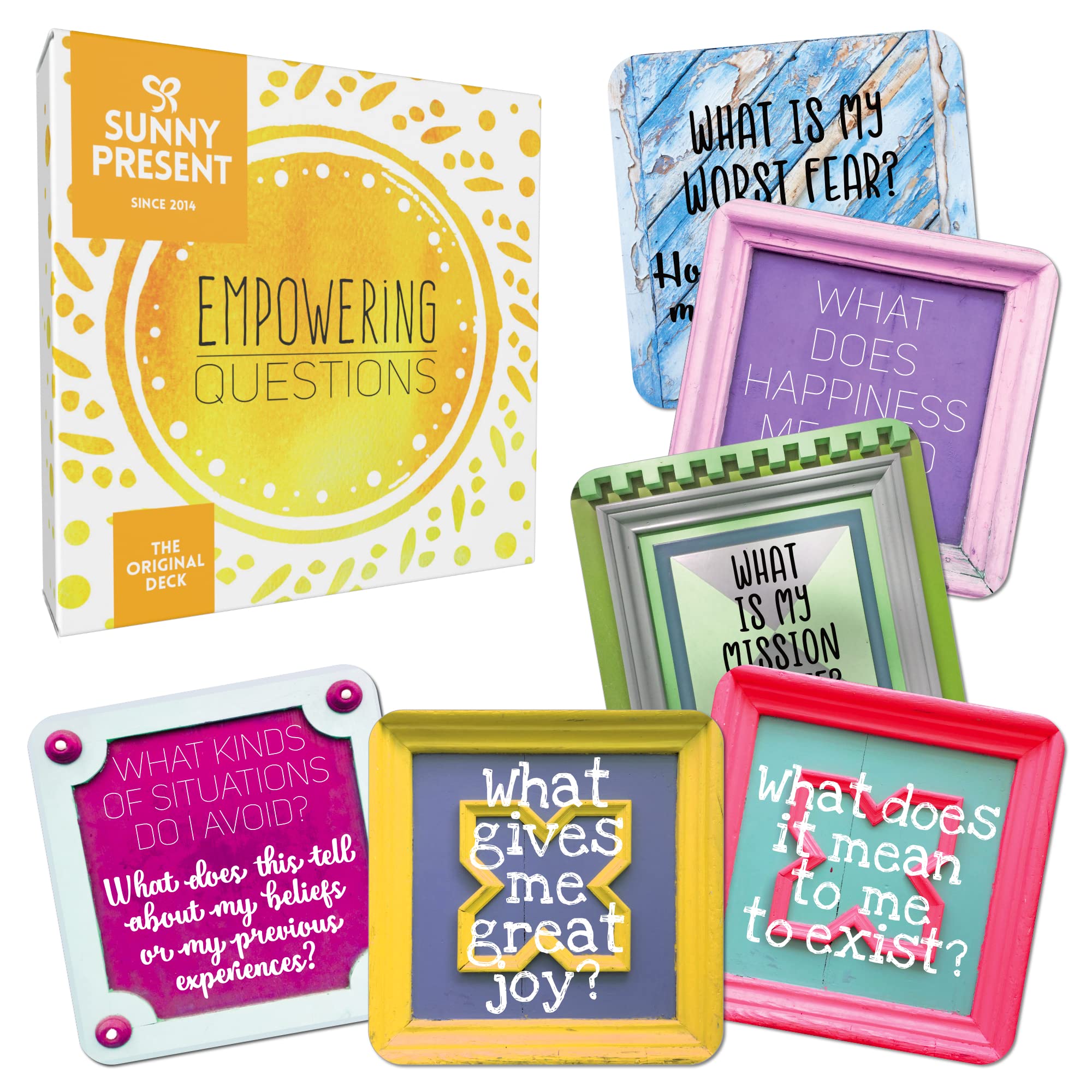 Sunny Present Empowering Questions Cards - 52 Self Care Cards for self-reflection, journaling, meditation and therapy