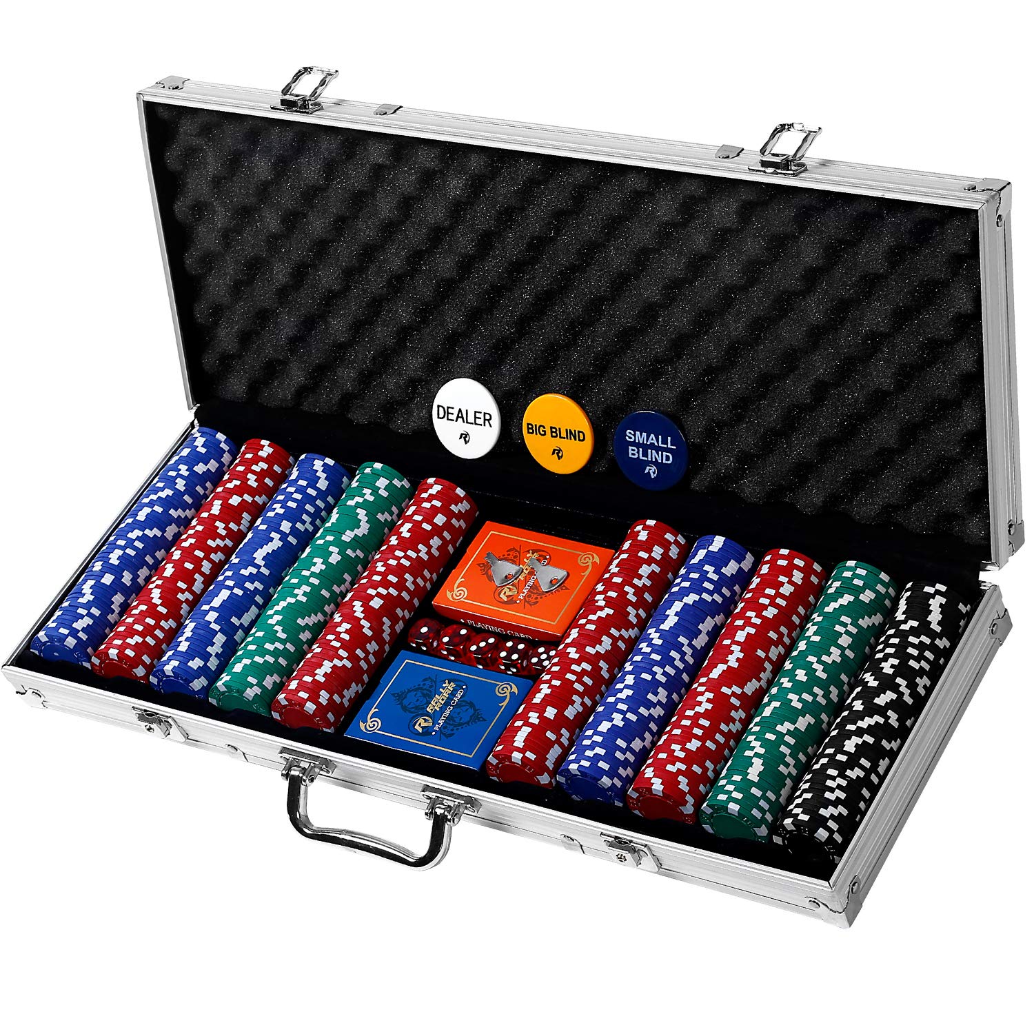 Photo 1 of Rally and Roar Professional Poker Set w/ Hard Case, 2 Card Decks, 5 Dice, 3 Buttons - 500 Chips