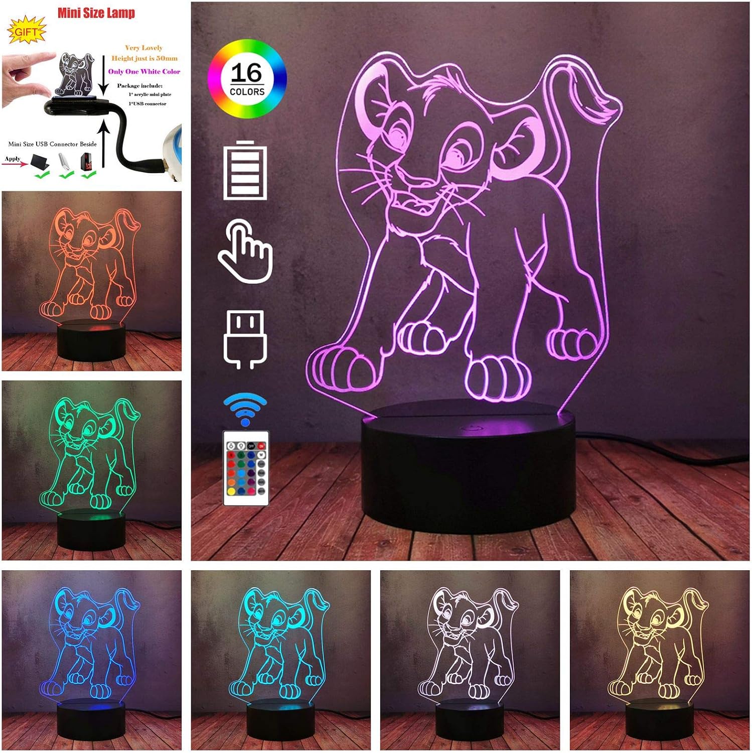 Cute Simba Lion King Night Light Cartoon 3D LED Portable Touch Remote ...