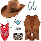 Ecally 7 Pcs Western Cowgirl Outfit Tassels Fringe Vest Bohemian Turquoise Jewelry Kit Cowboy Hat Bandana for Women Cosplay