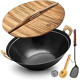 WANGYUANJI 14.2 Inch Cast Iron Wok with Wooden Lid and Iron Spatula, Flat Bottom Double-Handle Chinese Stir Fry Pan, Uncoated Cast Iron Wok for Induction, Gas and Electric Stoves
