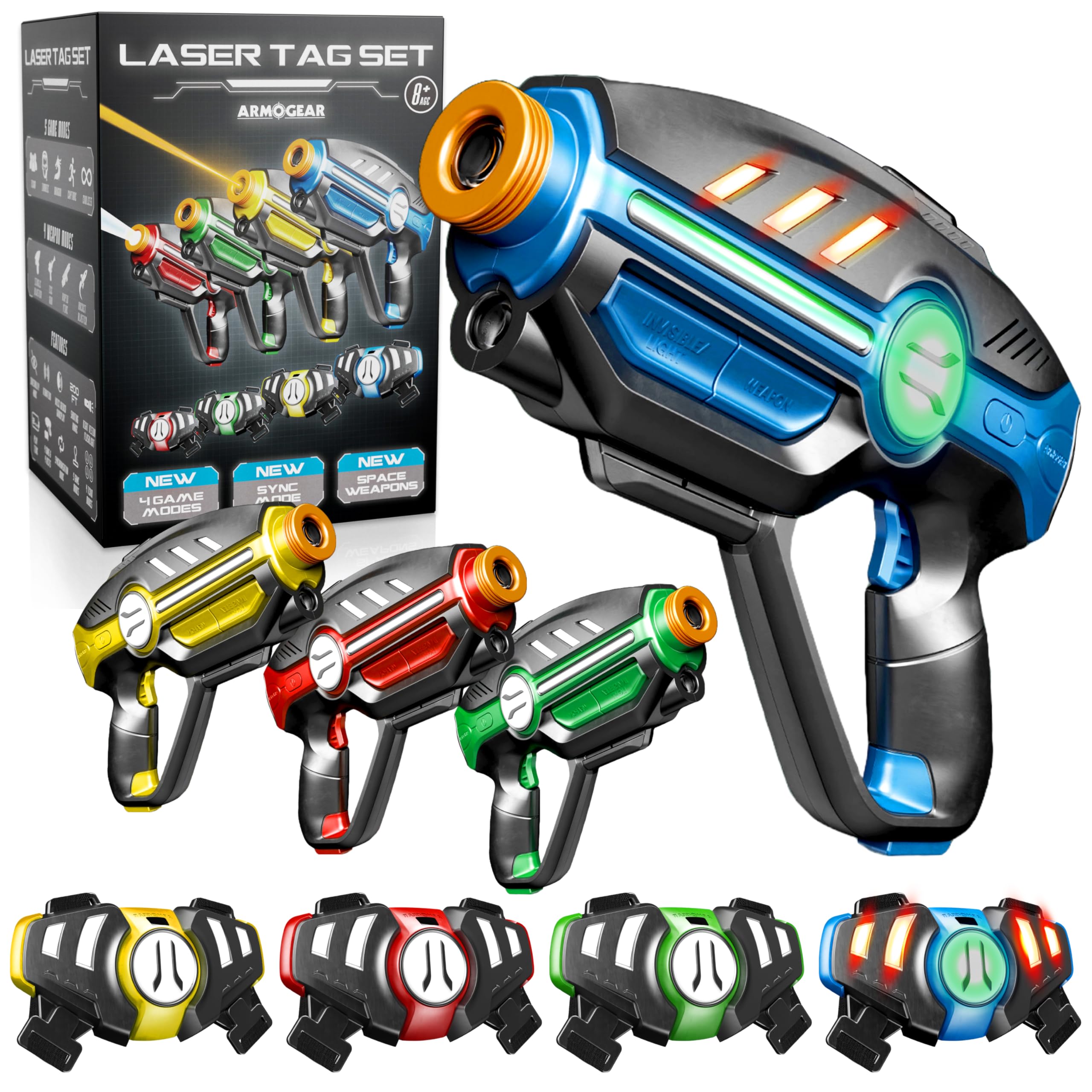 Photo 1 of Laser Tag Set for Kids, Teens & Adults - 4 Blasters + 4 Vest Sensors with 4 Multi-Game Modes - Fun Ideas Age 8+ Year Old Toys - Lazer Teen Boy Games - Boys & Girls Outdoor Teenage Group Activities