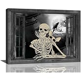 Retro Gothic Skull Bathroom Decor Wall Art Funny Skeleton Black and White Pictures Wall Decor Modern Goth Home Halloween Dark Style Canvas Prints Painting Framed Artwork For Bedroom Living Room