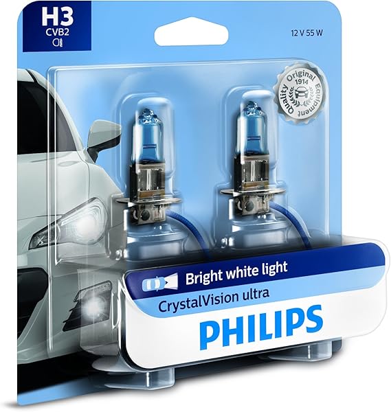 Philips H3 CrystalVision Ultra Upgraded Bright White Headlight Bulb, 2