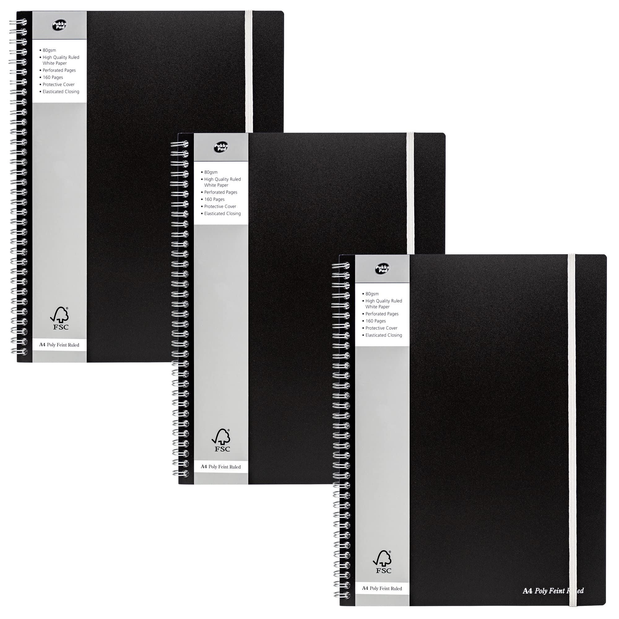 Pukka Pad, A4+ Jotta Notebook – Pack of 3 Wirebound Notepads with 160 Perforated Pages of 80GSM Paper with 8mm Lines, Margin, and 4-Hole Punch – 29.7 x 23cm, Black