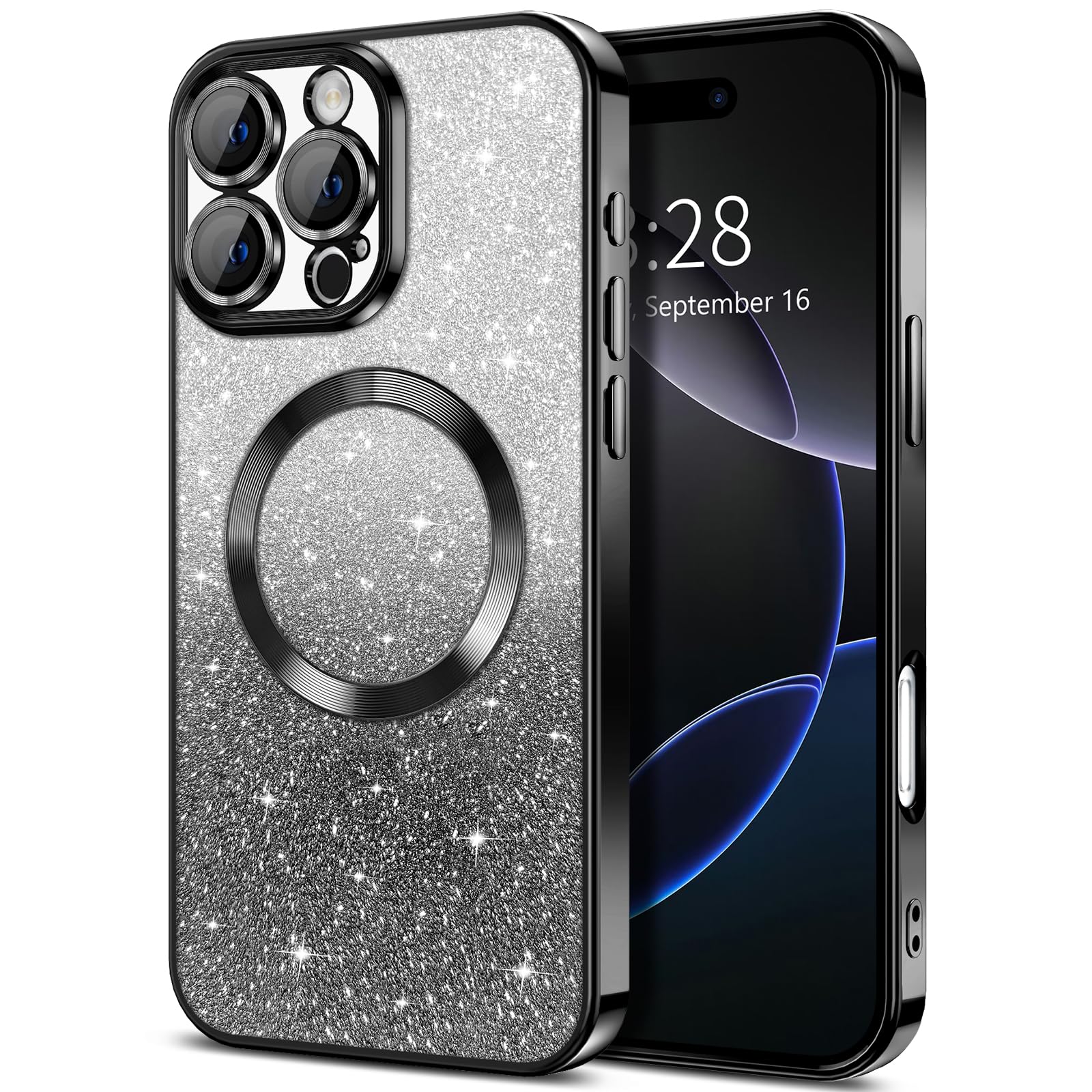 Photo 1 of Hython for iPhone 16 Pro Max Case Clear Magnetic Glitter Phone Cases [Compatible with MagSafe] Full Camera Lens Protector Slim Gradient Sparkle Luxury Plating Shockproof Protective Cover Women, Black