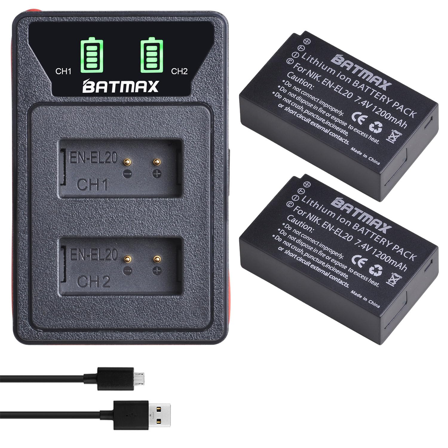 Batterie EN-EL20/EN-EL20a Avec Câble USB-C Pour Nikon Coolpix P1000, P950, P1100, 1 J Series, AW1, DL24-500 - Rechargeable