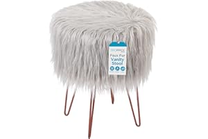 BIRDROCK HOME Silver Faux Fur Vanity Stool - Soft Furry Compact Padded Seat - Hair Pin Metal Legs - Upholstered Decorative Furniture for Bedroom, Living Room, Kids Room - Fuzzy Accent Ottoman