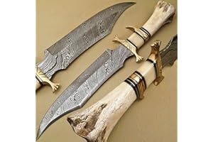 Kidsnado Damascus Steel Hunting Knife - Fixed Blade Knives with Sheath - Firm Grip Handle Made of Camel Bone (White)