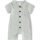 DNOMAID YZARC Baby Boy Stripe Romper Waffle Knit Short Sleeve Lapel Button Down Jumpsuit Bodysuit Newborn Summer Outfits