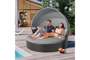 Brightpeak Patio Round Daybed with Retractable Canopy, Adjustable Clamshell Sectional Seating, Outdoor Wicker Furniture with Washable Cushions for Backyard Porch Garden, Black