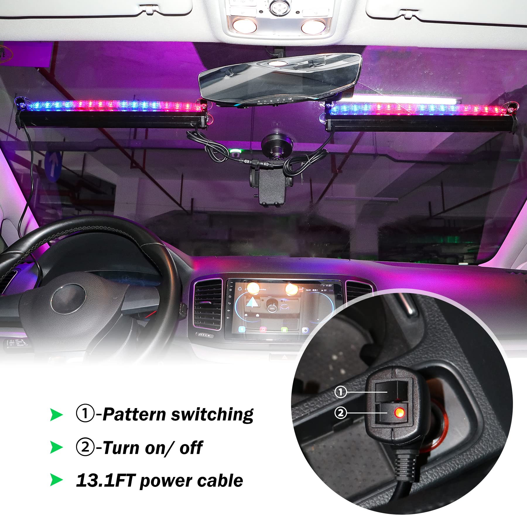 Upgrade 2 in 1 Police Strobe Lights Bar for Vehicles Trucks 23 Flash Patterns 17inch 32 LEDs Red and Blue Emergency Hazard Warning Light with Cigar Lighter 2 Install Methods