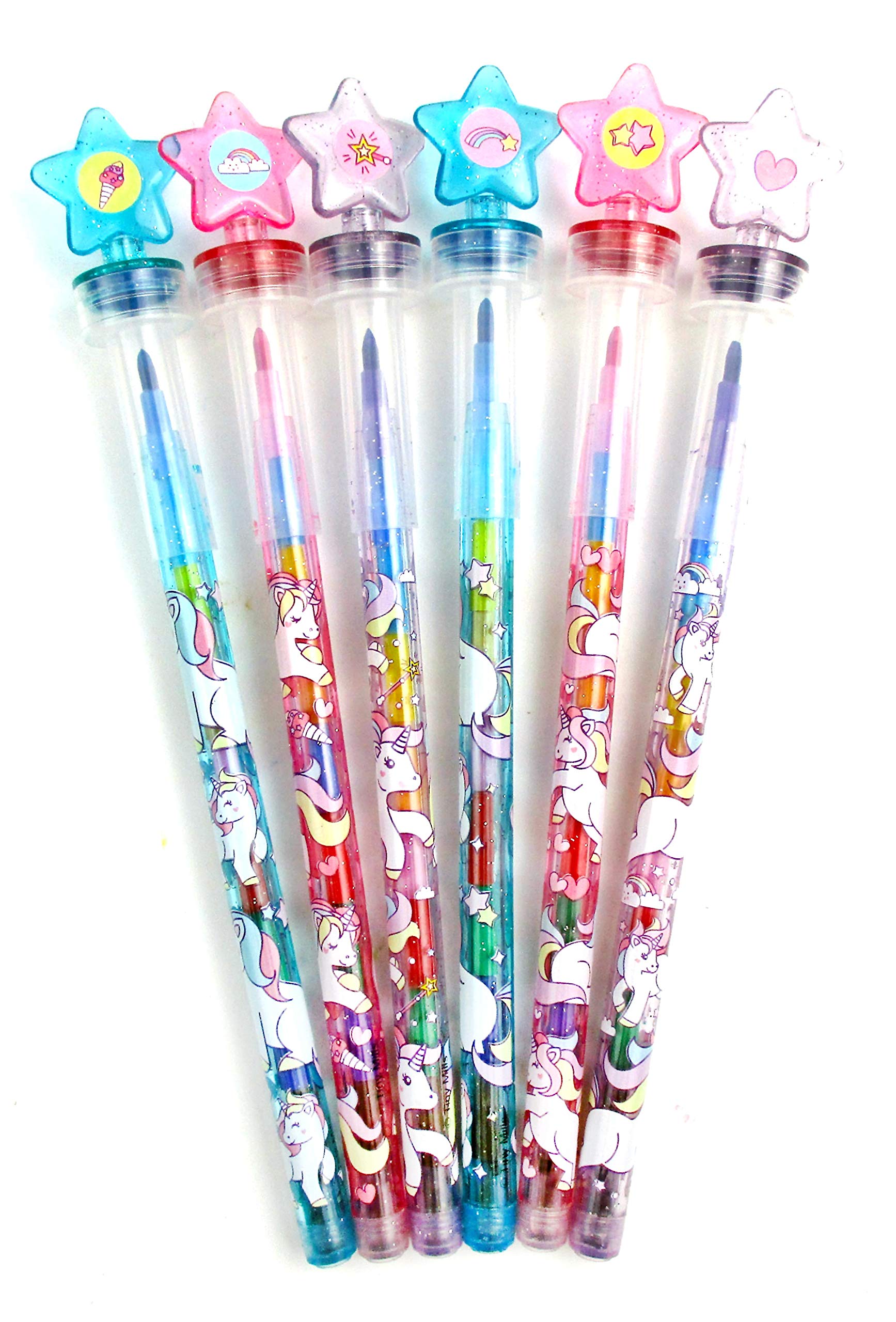 TINYMILLS 24 Pcs Unicorn Rainbow 2 in 1 Stacking Crayons with Stamp Topper, Kids Party Favors, Pinata Fillers for Girls Birthday Party, Goodie Bag Stuffers, Classroom Prizes Rewards