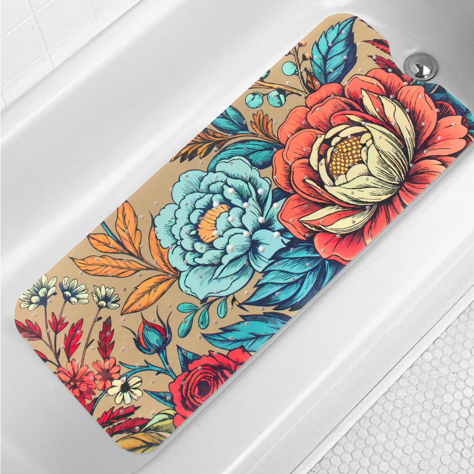 Photo 1 of Bohemia Floral Bathtub Mat Non Slip for Kids 40x16in Extra Long Anti Slip Bath Mat for Tub Boho Flower Bath Shower Mat with Large Drain Holes and Suction Cups Vintage Plant Design Bathroom Decor