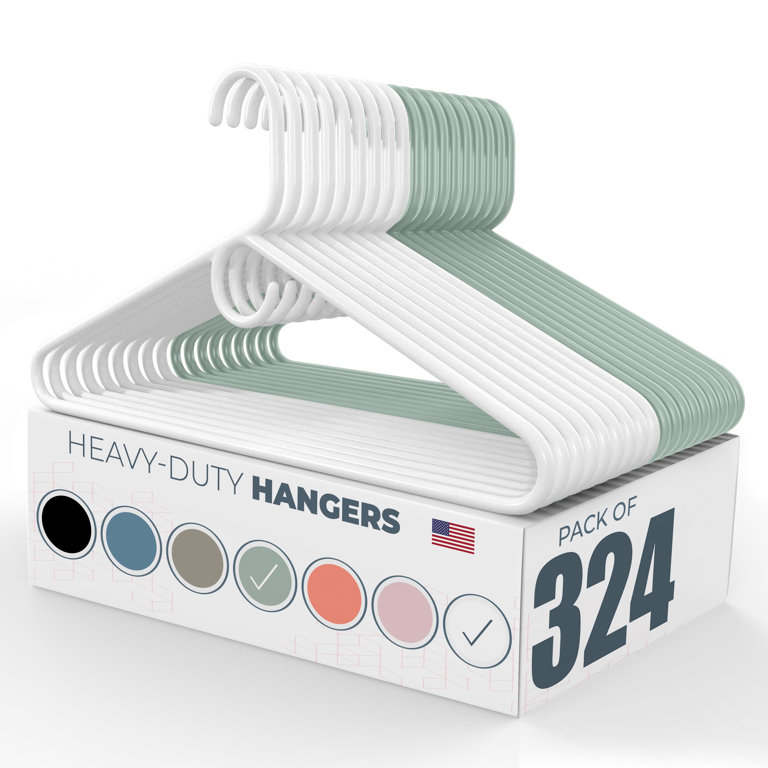 Neaties Heavy Duty Clothes Hangers 100+ Pack (324 Count) – Made in The USA – 8lb Capacity Plastic Hangers for Adult Clothing – Durable for Pants, Coats, Jackets, or Jeans – White & Mint Image